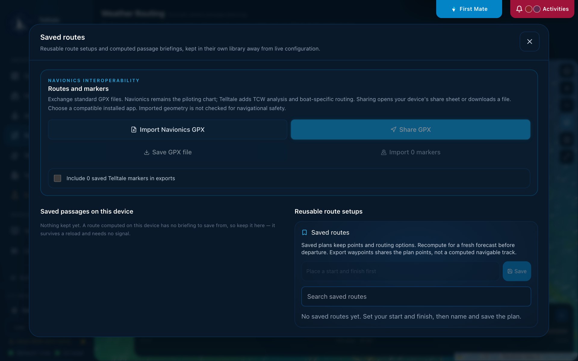 The Navionics interoperability panel: Import Navionics GPX, Share GPX, Save GPX file and Import markers buttons, and the option to include saved Telltale markers in exports
