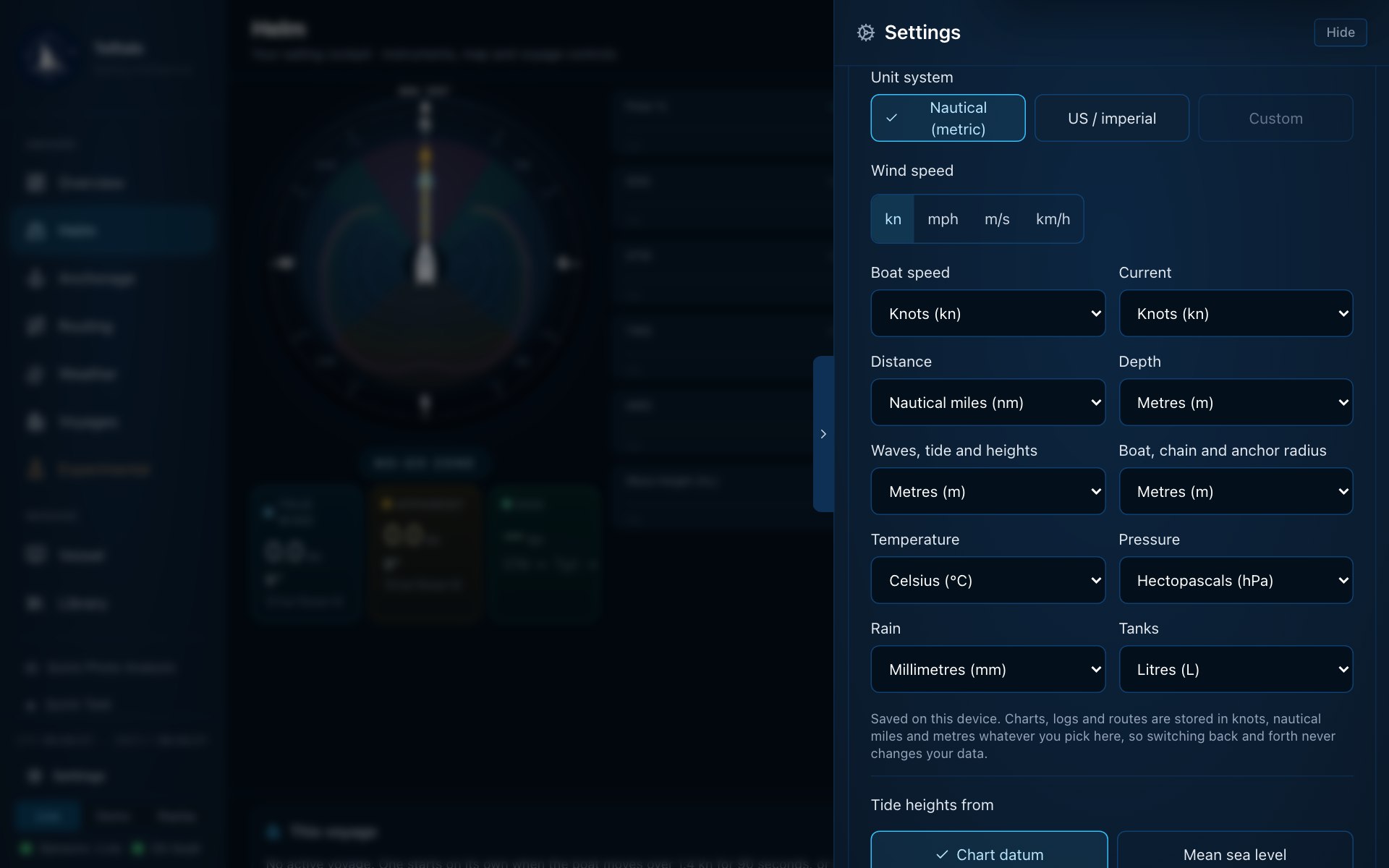 Units in Settings: Unit system presets Nautical (metric), US / imperial and Custom; a Wind speed switch for kn, mph, m/s and km/h; a choice per quantity; and Tide heights from Chart datum or Mean sea level