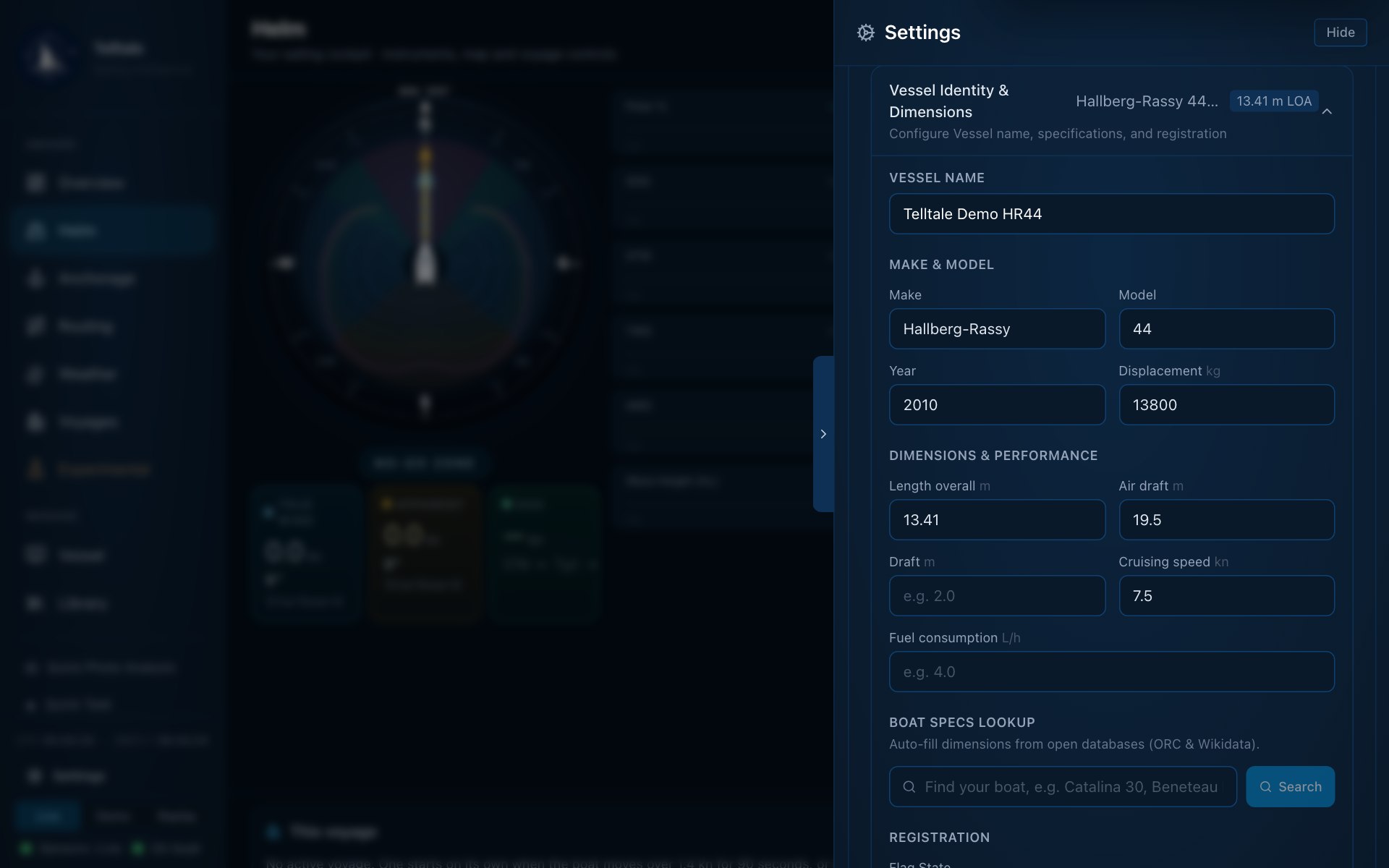 Vessel settings with identity, dimensions and boat specifications lookup
