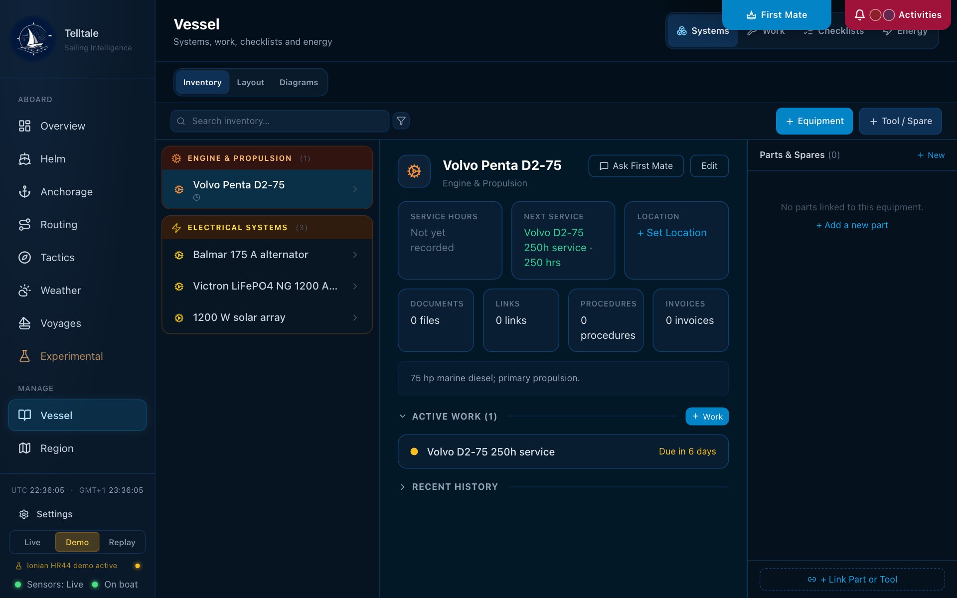 Demo vessel Systems tab with equipment, maintenance and linked records