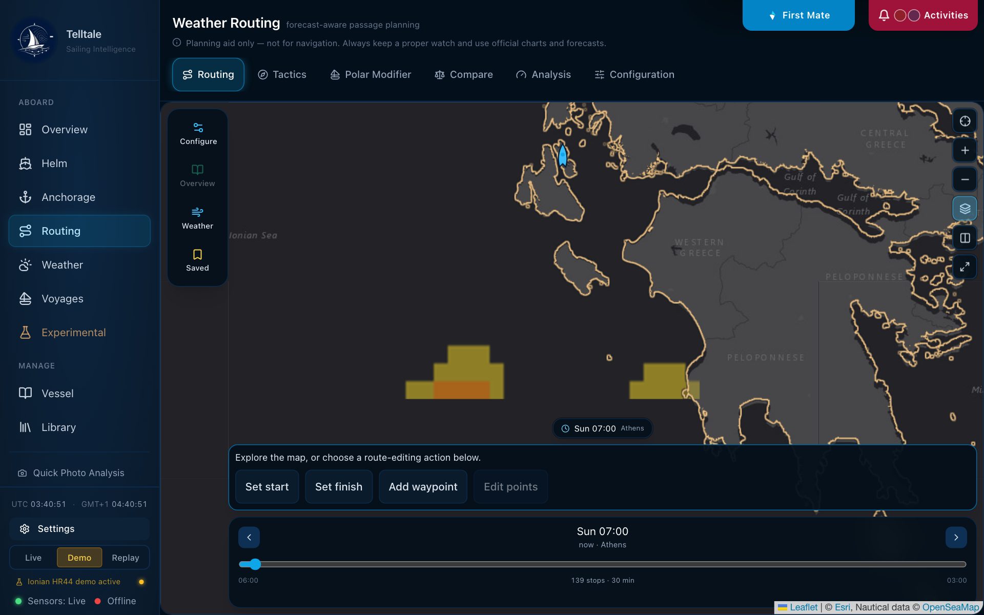 Routing map in Lightning mode with forecast lightning cells south of Zakynthos