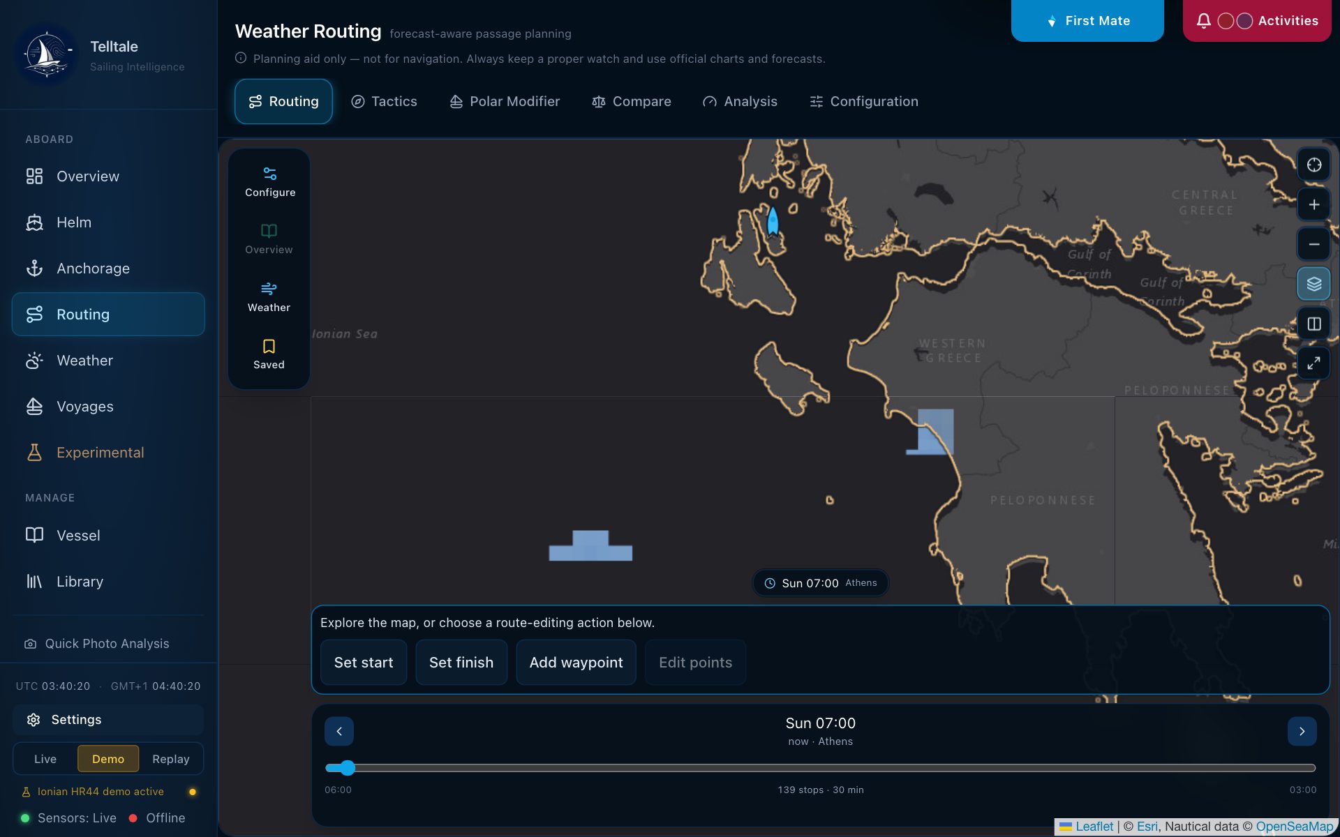 Routing map in Rain mode over the Ionian and western Peloponnese, with two small patches of light rain