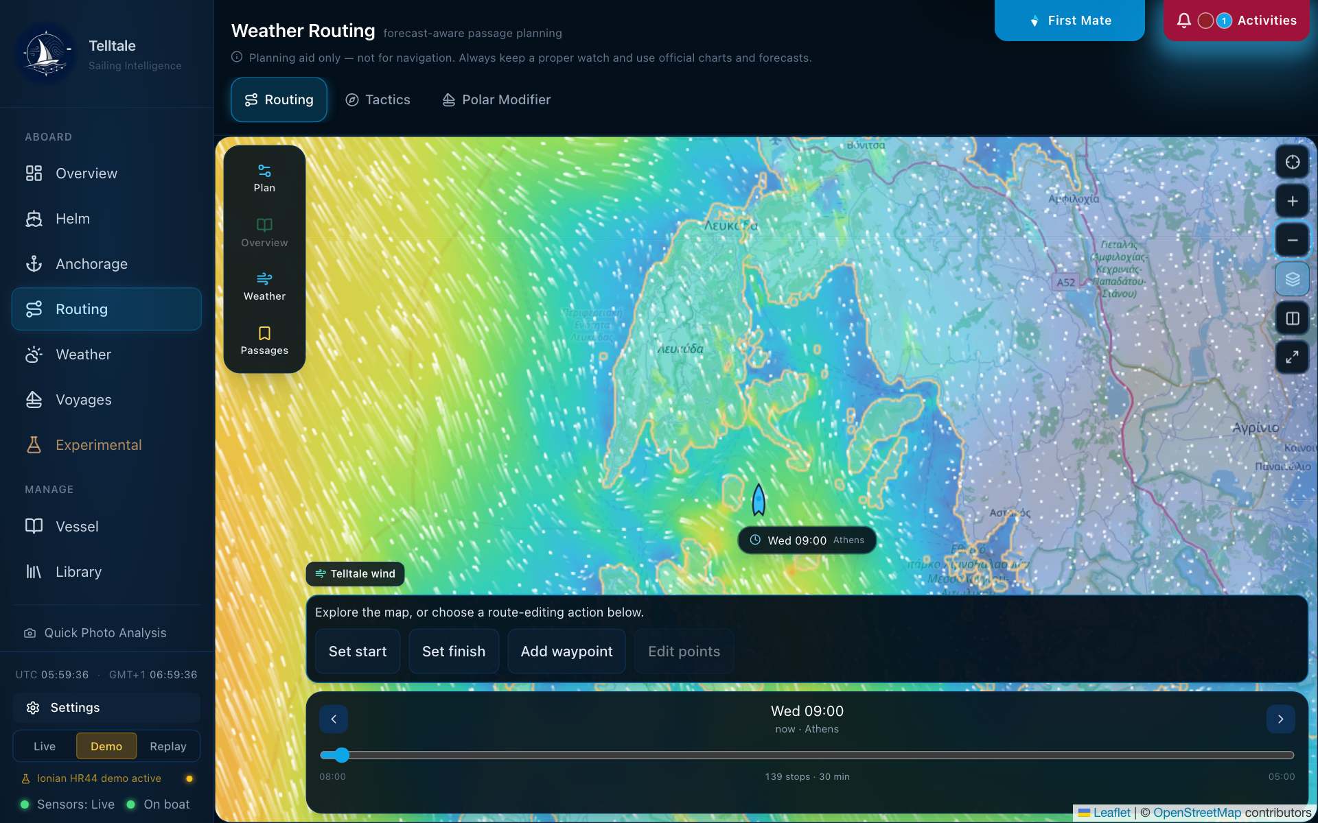 Routing map in Wind mode: Telltale Coastal Wind colours and particles around Lefkas and Meganisi